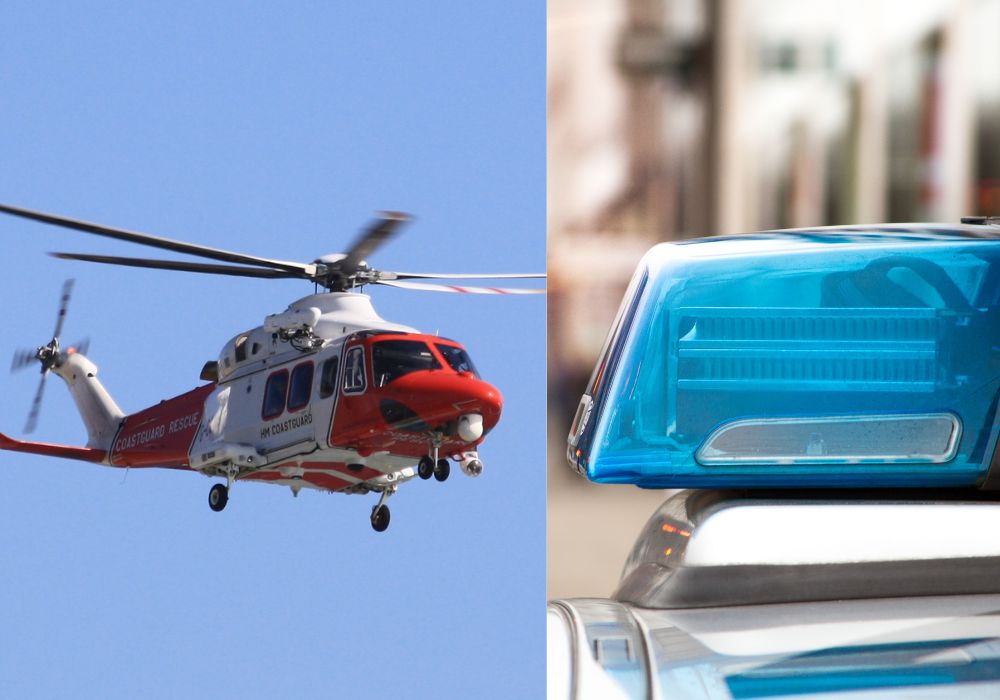 Ein Hubschrauber und ein Blaulicht.
