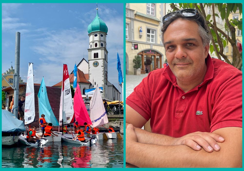 Portrait von einem Mann und Segelbooten.