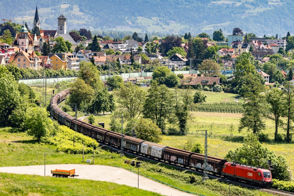 Ein Güterzug auf Schienen im Grün.