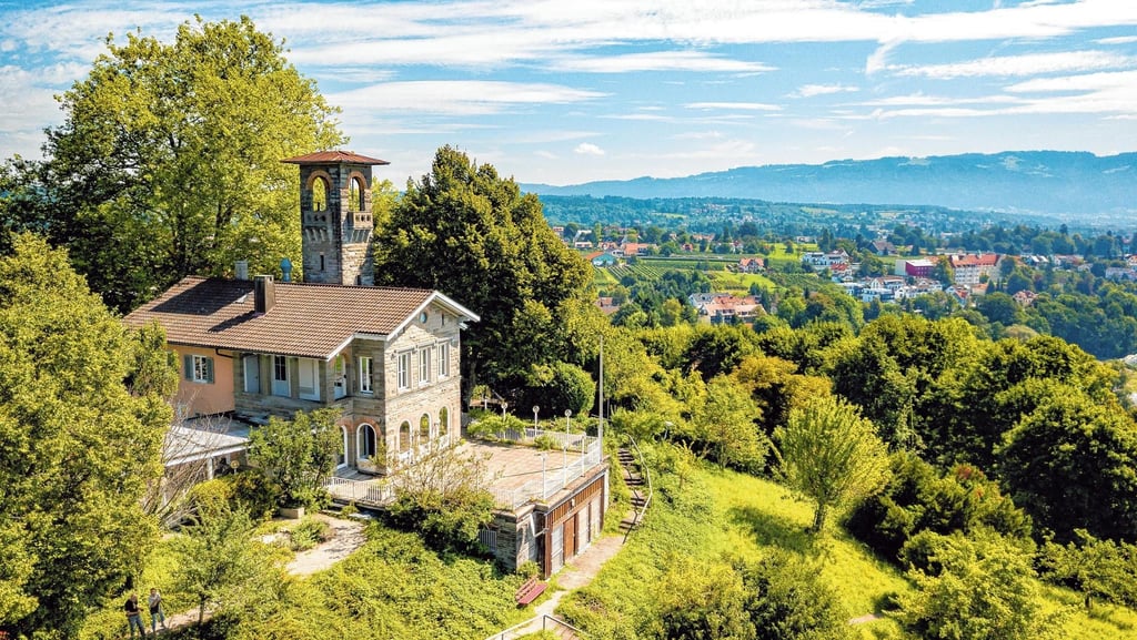Luftbild von einem Schloss mit Blick auf den Bodensee.