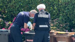 zwei Beamte der Kriminalpolizei durchsuchen Mülleimer.