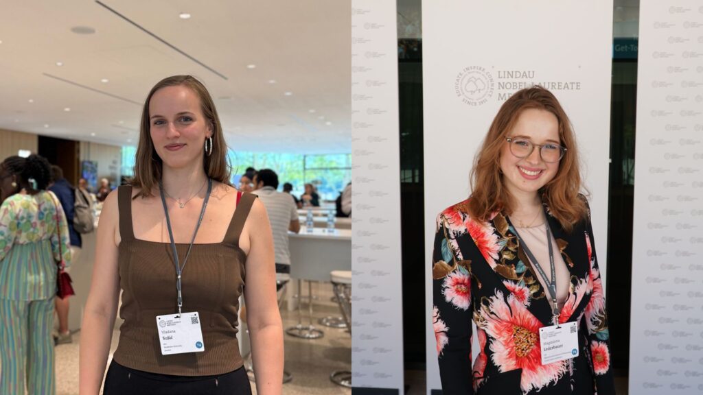Collage aus zwei Fotos: Links, eine junge Wissenschaftlerin im Foyer einer Veranstaltungshalle; im Hintergrund weitere junge Menschen an Stehtischen. Rechts, eine junge Wissenschaftlerin vor einem Banner mit dem Aufdruck „Lindau Nobel Laureate Meeting“.
