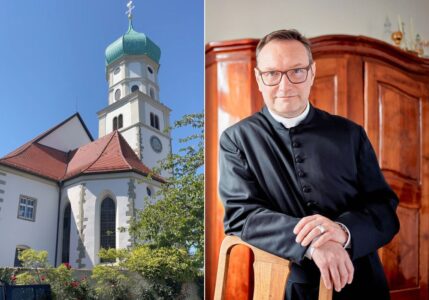 Collage aus einer Kirche und einem Pfarrer.