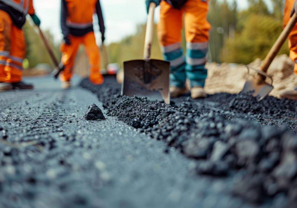 Nahaufnahme einer Straße, Beine von Arbeitern.