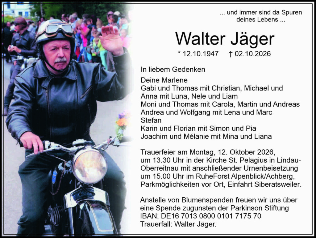 Traueranzeige Walter Jäger 12.10.1947 bis 02.10.2026
